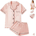 WJing Yi Jia 4Pcs Womens Satin Silky Pajama Sets Short Sleeve Shirt XS-4XL Floral Pajamas Set Soft PJ Loungewear Sleepwear