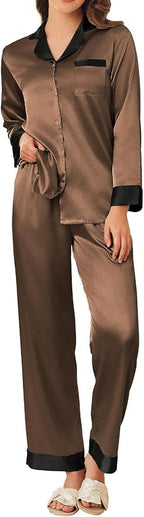 Ekouaer Silk Pajamas for Women Long Sleeve Satin Pajama Set Silky Pj Sets 2 Piece Button Down Loungewear Sleepwear