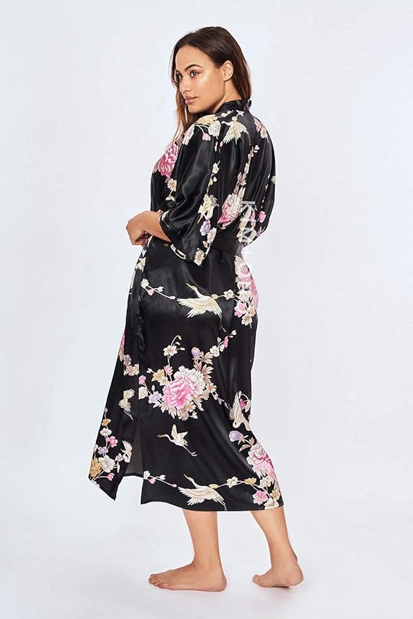 KIM+ONO Plus Size Luxury Kimono Robe for Women | Long Satin Floral Robe | Original Design | Removable Waist Tie Closure