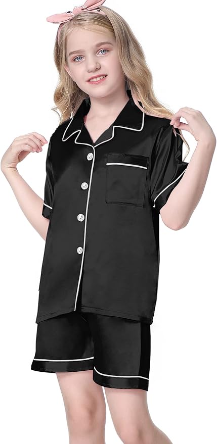 Umeyda Women & Girls Pajamas Set, Soft Satin Lightweight Silk Button-Down Top with Shorts 2 Piece PJS for Mom Boys Kids Gifts