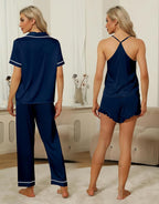 SAPJON Silk Pajamas for Women Set 4Pcs Ruffled Satin Pajamas Set Button Down Short Sleeve Cami Shorts Sleepwear Pj Set