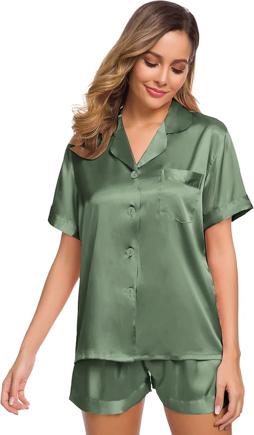 SWOMOG Womens Silk Satin Pajamas Set Short Sleeve Sleepwear Button Down Top and Shorts Loungewear 2 Piece Pjs Set XS-3XL