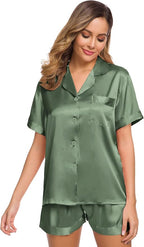 SWOMOG Womens Silk Satin Pajamas Set Short Sleeve Sleepwear Button Down Top and Shorts Loungewear 2 Piece Pjs Set XS-3XL