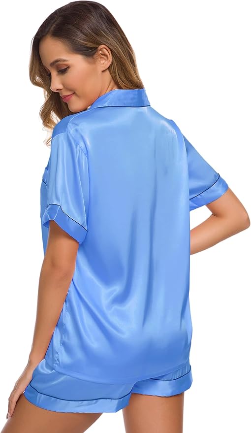 SWOMOG Womens Silk Satin Pajamas Set Short Sleeve Sleepwear Button Down Top and Shorts Loungewear 2 Piece Pjs Set XS-3XL