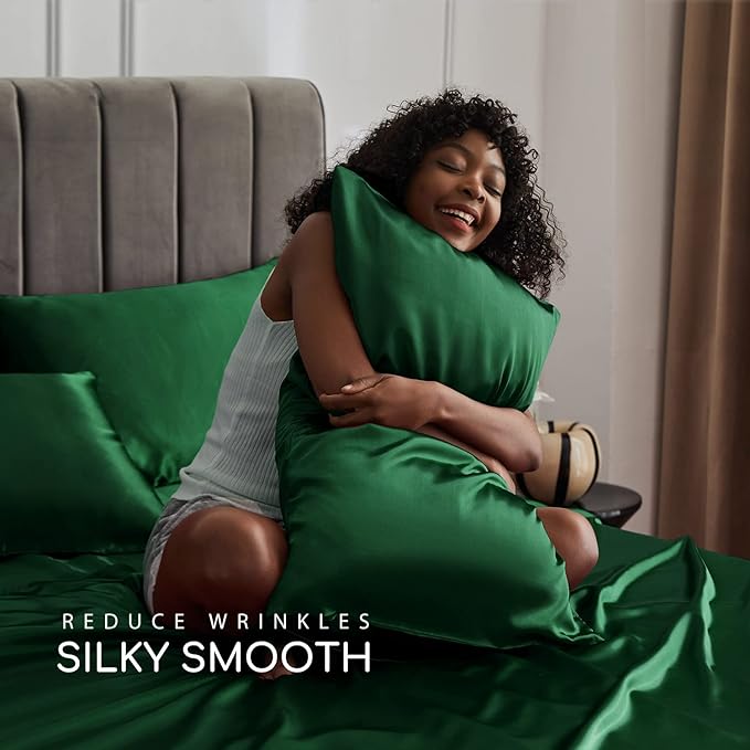 MR&HM Satin Bed Sheets, Full Size Sheets Set, 4 Pcs Silky Bedding Set with 15 Inches Deep Pocket for Mattress (Full, Dark Green)