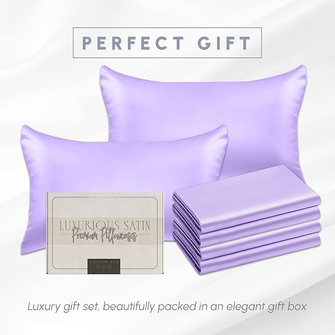 Elegant Comfort 6-Pack Cooling Viscose Satin Pillowcase Set with Hidden Zipper Closure, Silky Smooth for Best Hair and Skin Care-Beautiful Gift Box-6-Piece Satin Pillowcase Set, King, Lilac