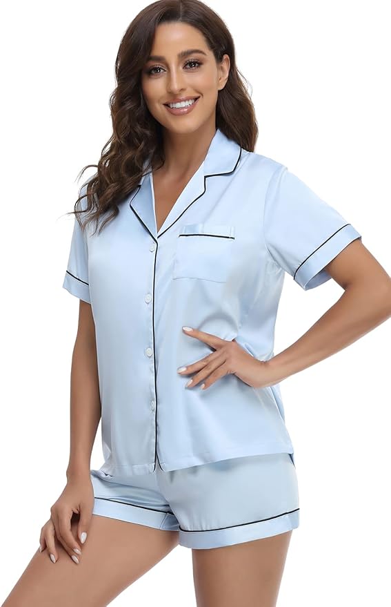 Serenedelicacy Women's Satin Pajama Set 2-Piece Sleepwear Loungewear Button Down Short Sleeve Silky PJ Set