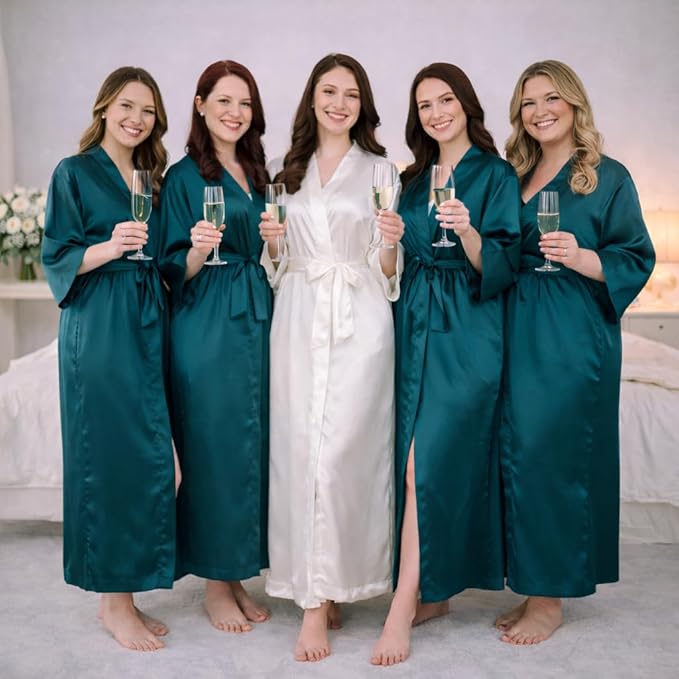 Silk Robes for Women Ankle Length Satin Kimono Robes with Belt Bridemaids Sleepwear Bachelorette Nightgown