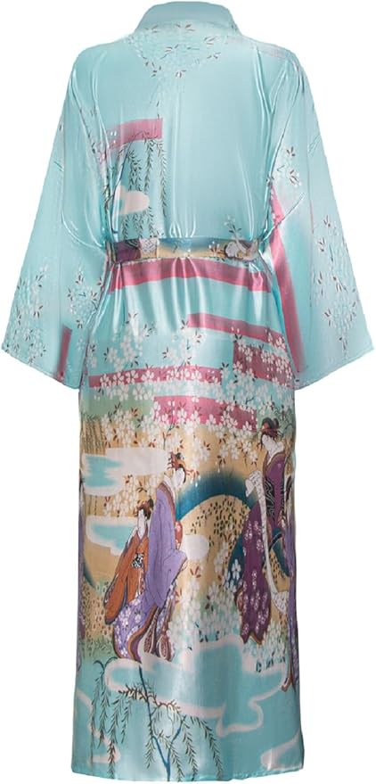 Valennia Women Long Silky Bathrobe Satin Kimono Robe Floral Printed Dressing Gown Sleepwear