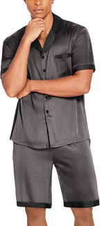 Ekouaer Men Satin Silk Pajamas Set with Pockets Sleepwear Shorts Satin Summer Loungewear 2 Piece Button Down Set S-3XL