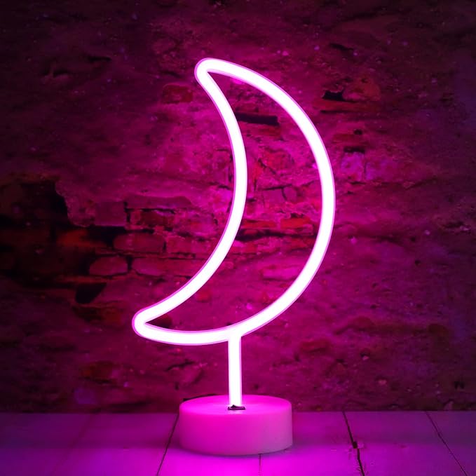 LED Neon Moon Lights, Moon Shape Neon Signs Crescent Night Lights Battery Operated Desk Table Lamp for Bedroom, Bar, Wall Decor-Holder Base(Pink)