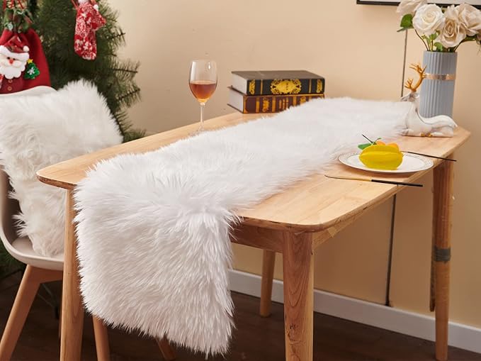 Table Runner, Modern Small White Fur Table Runner for Party Birthday Christmas Friendsgiving Wedding Dinning Table, Decorative Rug Luxury Faux Fur Runner for Table (11.8x70.8 inch)