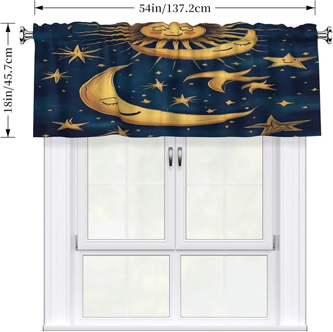 Whimsical Golden Sun, Moon, Stars Night Curtain Valance Peach Skin Velvet Printed Window Valance with Rod Pocket Light Filtering for Kitchen Bathroom 54x18in