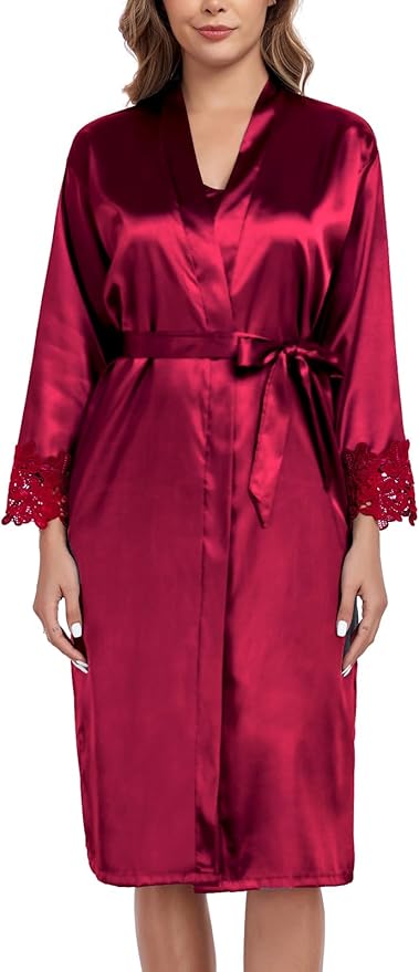 BestWendding Women's Silk Robe Set 2 Pieces Pajamas Sets Sexy Soft Satin Robe with V Neck Camisole Lingerie Nightgown