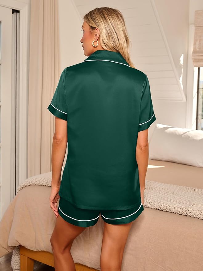 LILLUSORY Silk Satin Pajama Set for Women 2 Piece Lounge Pjs Winter Matching Summer Sleepwear Button Down Shirt Shorts