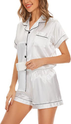 Women's Silk Pajama Set Short Sleeve Sleepwear Satin Button Down Pj Tops and Shorts 2 Piece Loungewear