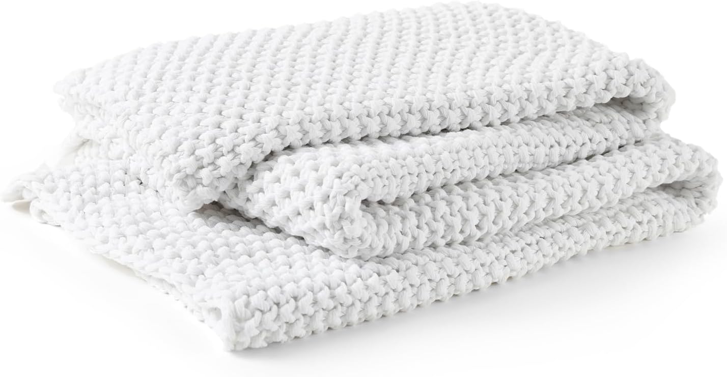 YnM Chunky Cotton Knit Throw Blanket, Cable Knit Throws for Bed Couch Sofa, Comfy & Relaxing, Decorative Piece for Farmhouse Modern Boho Rustic Scandinavian Chic Vibe, White 60x80 Inches
