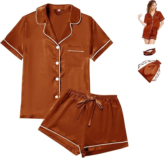 WJing Yi Jia 4Pcs Womens Satin Silky Pajama Sets Short Sleeve Shirt XS-4XL Floral Pajamas Set Soft PJ Loungewear Sleepwear