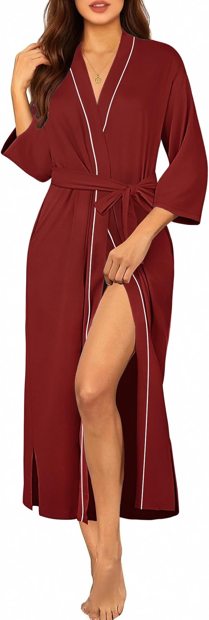Ekouaer Robes for Women Long Knit Bathrobe Lightweight 3/4 Sleeves Kimono Robe Soft Sleepwear with Pockets S-XXL