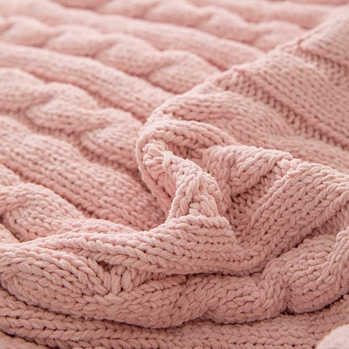 ATMOSURELY Ultra Soft Pink Chenille Cable Knit Throw Blanket with Handmade Pom Poms Cozy Fluffy Knitted Blanket Lightweight Warm Woven Farmhouse Blanket for Bed Sofa Couch 50x60 Inches (Pink)
