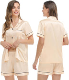 SWOMOG Womens Silk Satin Pajamas Set Short Sleeve Sleepwear Button Down Top and Shorts Loungewear 2 Piece Pjs Set XS-3XL