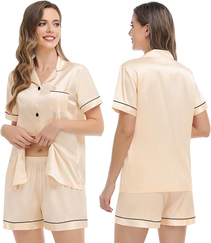 SWOMOG Womens Silk Satin Pajamas Set Short Sleeve Sleepwear Button Down Top and Shorts Loungewear 2 Piece Pjs Set XS-3XL