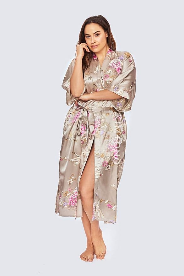KIM+ONO Plus Size Luxury Kimono Robe for Women | Long Satin Floral Robe | Original Design | Removable Waist Tie Closure