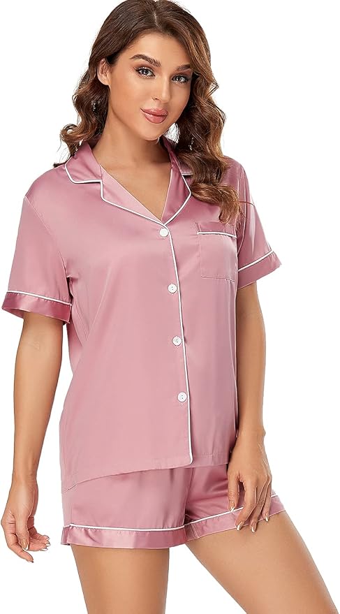 Serenedelicacy Women's Satin Pajama Set 2-Piece Sleepwear Loungewear Button Down Short Sleeve Silky PJ Set