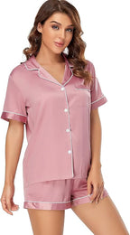 Serenedelicacy Women's Satin Pajama Set 2-Piece Sleepwear Loungewear Button Down Short Sleeve Silky PJ Set