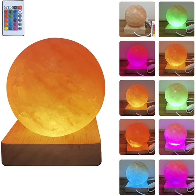 USB Colour Gradient Himalayan Salt lamp, Solid Wood Base Atmosphere Decoration Rotundity Salt lamp with Remote Control, Natural Crystal Stone Bedside Night Light, Handmade Crafts.