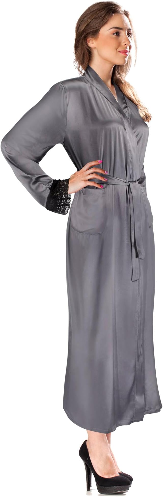 Aus Vio 100% Natural Charmeuse Silk Luxurious Satin Robe with Black Lace, Buttery Soft to Touch, Durable, Breathable, Hypoallergenic Season, M/L, Gray