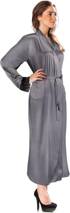 Aus Vio 100% Natural Charmeuse Silk Luxurious Satin Robe with Black Lace, Buttery Soft to Touch, Durable, Breathable, Hypoallergenic Season, M/L, Gray