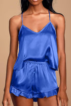 CHYRII Women's Sexy Silk Satin Ruffled Pajamas Sets Cami Shorts Sets Sleepwear