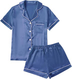 LYANER Women's Silky Satin Pajamas Set Short Sleeve Button Down Shirt With Shorts Pjs Set Sleepwear