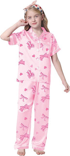 Umeyda Girls Womens Pajamas Set, Satin Silky Button Down Loungewear 2 Piece Short Sleeve Pants PJS Sets for Mommy Kids