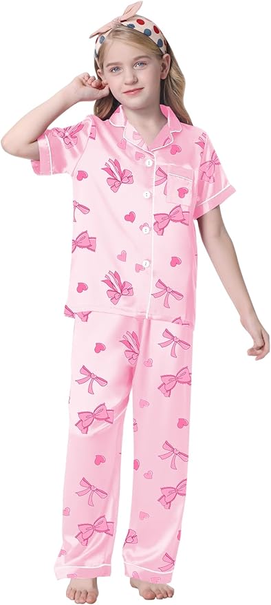 Umeyda Girls Womens Pajamas Set, Satin Silky Button Down Loungewear 2 Piece Short Sleeve Pants PJS Sets for Mommy Kids