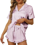 SAPJON Satin Silk Pajamas for Women 2Pcs Ruffle Notch Collar Sleepwear Button Down Short Sleeve Shorts Pjs Set Loungewear