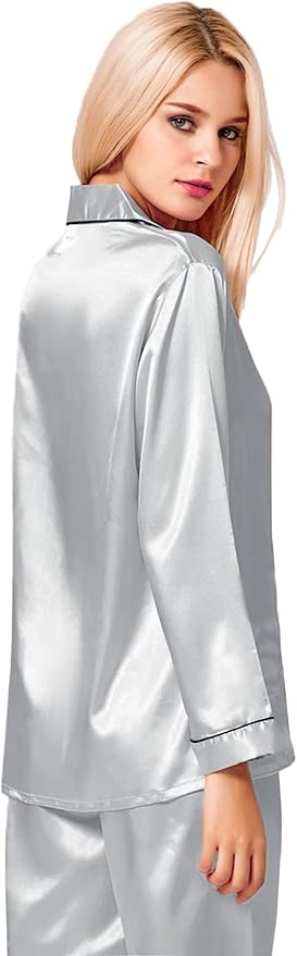 SWOMOG Womens Silk Satin Pajamas Set Long Sleeve Button Down Sleepwear 2 Piece Lounge Set Pj Set XS-3XL