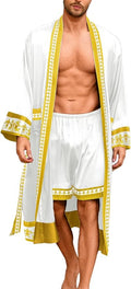 ChiaoLezhee Men's Luxury Silky Robe & Shorts Set, 2PC Lightweight Satin Pajamas with Pockets, Opulent Baroque Kimono Gifts