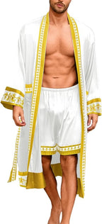 ChiaoLezhee Men's Luxury Silky Robe & Shorts Set, 2PC Lightweight Satin Pajamas with Pockets, Opulent Baroque Kimono Gifts