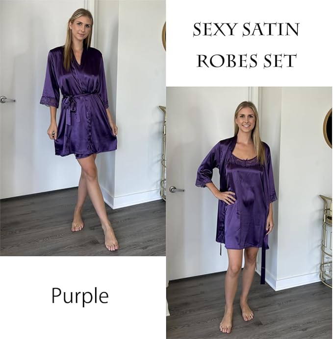 Ekouaer Sleepwear Women's Satin Nightgown with Robes Set 2 Piece Sexy Lace Cami Nightwear