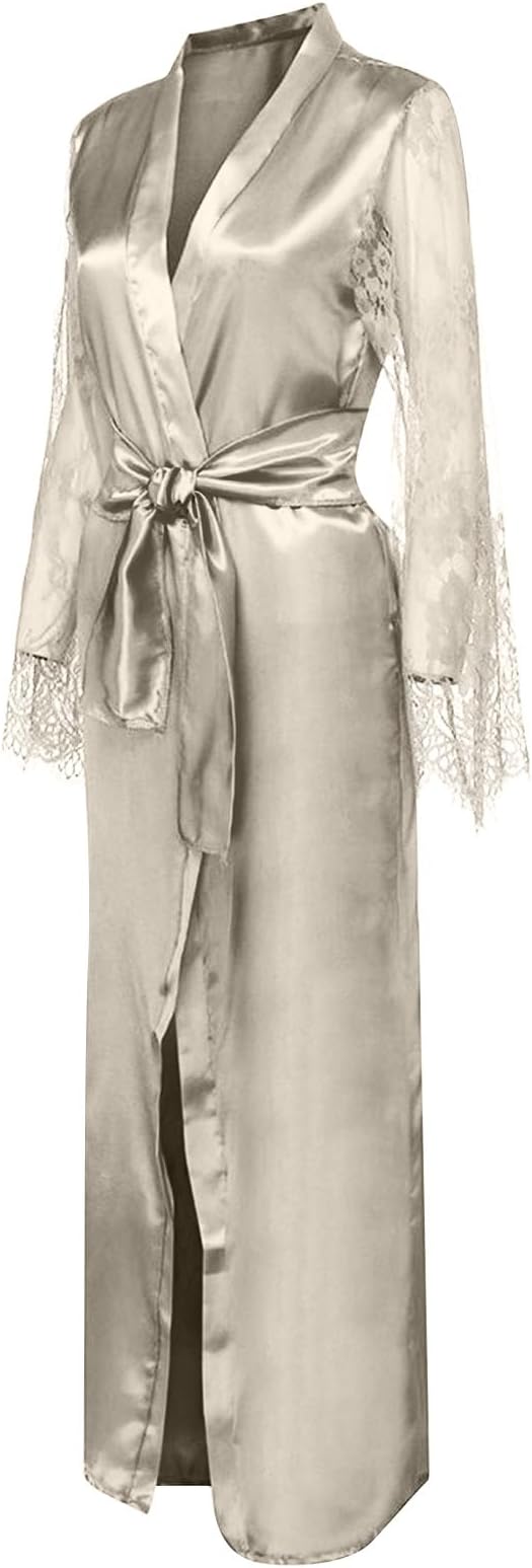 Mzkdieey Women's Floral Lace Robe Silk Kimono Bathrobe Long Bridesmaids Wedding Party Loungewear Sleepwear Dressing Gown