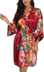 Floral Silk Robes for Women Kimono Satin Short Bath Robe Bridal Dressing Gown Bride Bridesmaids Lightweight Bathrobes