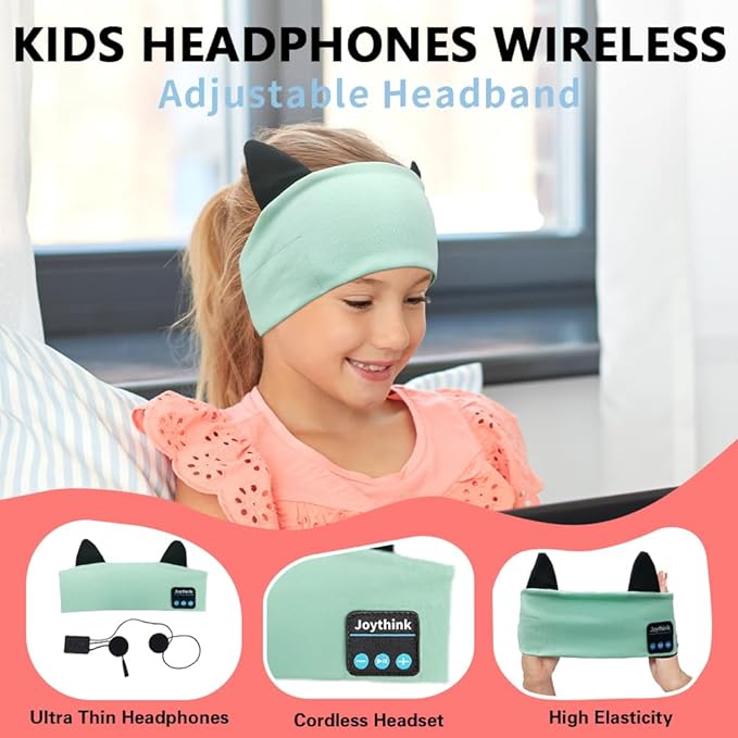 Joythink Kids Bluetooth Headband Headphones Sleep Mask Wireless Earphones Built in Thin Speaker Adjustable Sports Headset Sleep Headband for Girls Boys Toddler Children Baby Airplane Travel Study Aqua