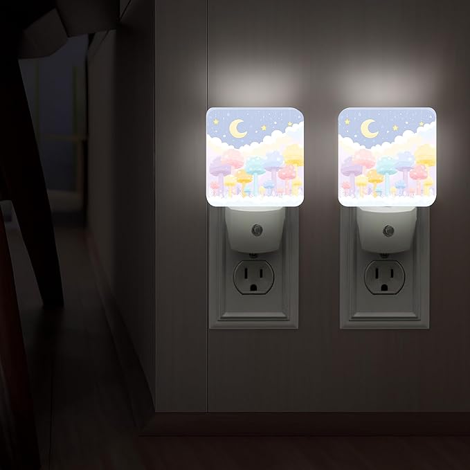 Mushroom Night Lights Plug Into Wall, Fanciful Playful Moon Stars Spring Pastel Peach Plug in Night Light with Dusk to Dawn Sensor for Guest Room Basement Office Decor 2pcs