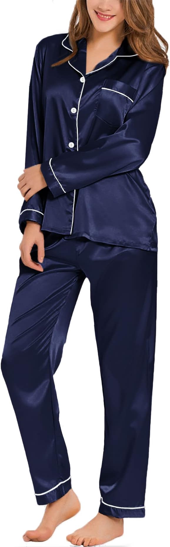 SWOMOG Womens Silk Satin Pajamas Set Long Sleeve Button Down Sleepwear 2 Piece Lounge Set Pj Set XS-3XL