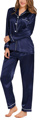 SWOMOG Womens Silk Satin Pajamas Set Long Sleeve Button Down Sleepwear 2 Piece Lounge Set Pj Set XS-3XL