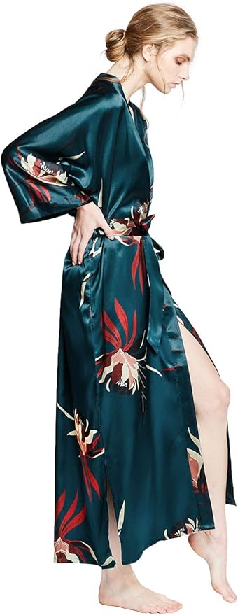 KIM+ONO Plus Size Luxury Kimono Robe for Women | Long Satin Floral Robe | Original Design | Removable Waist Tie Closure