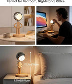 Rechargeable Cordless Desk Lamp, Creative Wooden Table Lamp with 3 Color &Stepless Dimming, Adjustable Pause Moon Lamp, Unique Decorative Desk Lamp for Bedroom, Nightstand, Office & Gift, Beech Wood