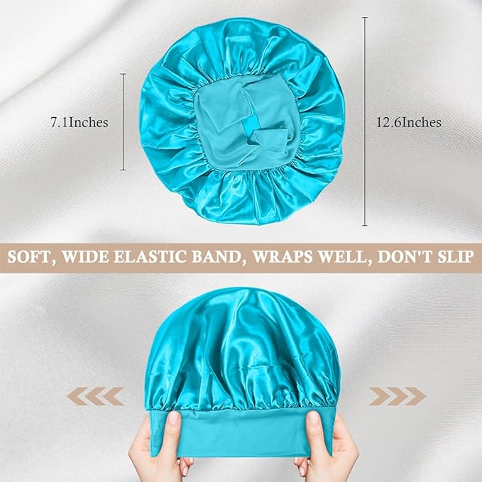 4Pcs Satin Bonnet Silk Bonnet, Hair Bonnet for Sleeping, Elastic Wide Band Silk Sleep Cap, Shower Cap Soft and Breathable (Blue Series)